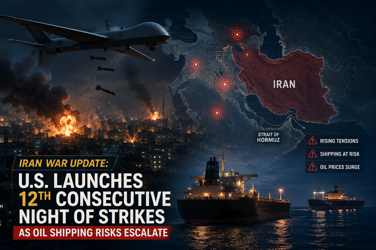 Iran War Update: U.S. Launches 12th Night of Strikes as Oil Shipping Risks Grow